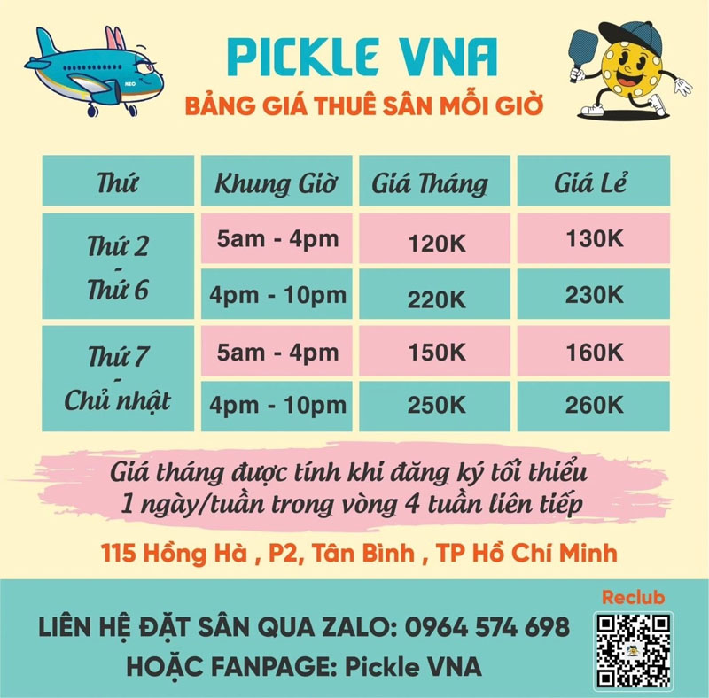 Bảng giá thuê sân pickleball tại sân pickleball VNA