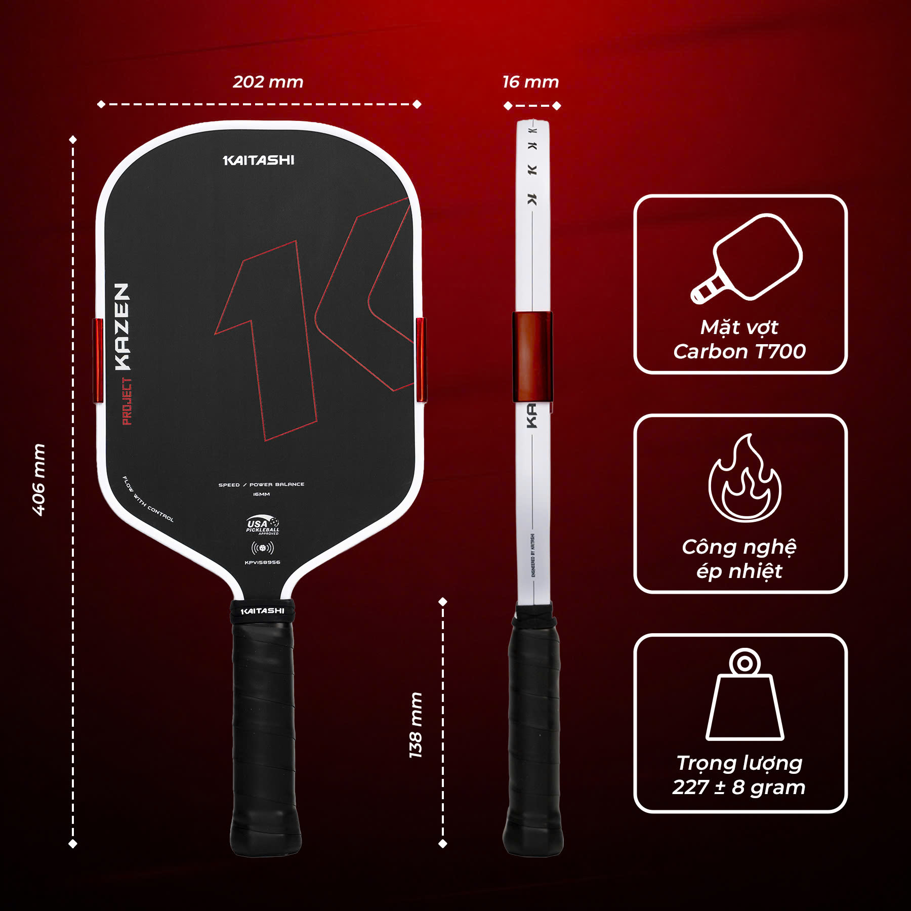 Vợt Pickleball Kaitashi Kazen lõi tổ ong EPP+EVA+PP+epoxy